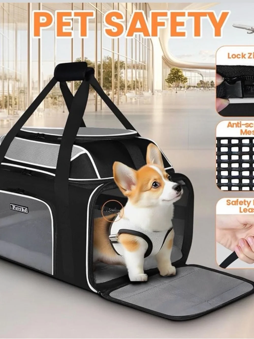 Portable Black Soft-Sided Cat Carrier with Mesh Panels
